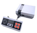 Compact black 8-bit NES retro game console with two rectangular controllers on a white background.