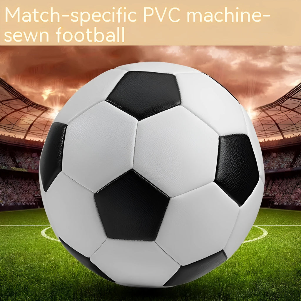 PVC machine-seam football in multiple sizes and colours including Tornado Blue, Black And White, and Red Dragon Roll designs.