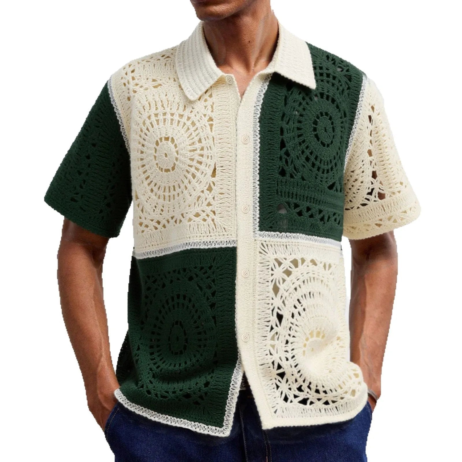 Beige men's short sleeve knitted shirt with colourblock pattern and flocking texture detail