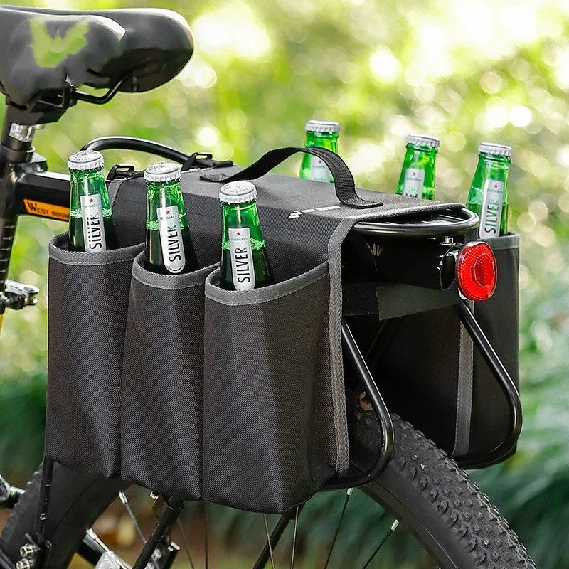 Black and blue orange double-sided bicycle drink bag with 2L capacity made from 600D PVC.