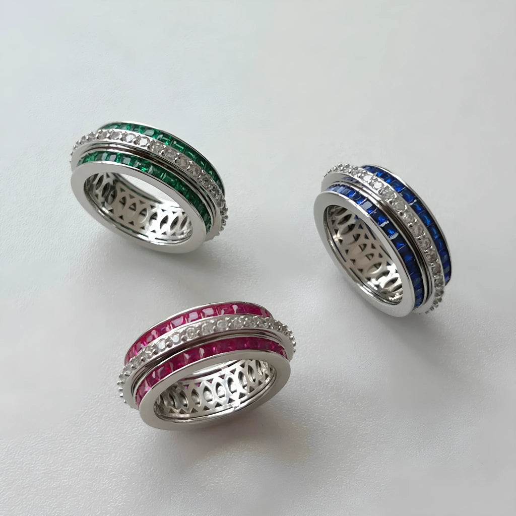 S925 sterling silver rotating diamond inlay ring for women, geometric style, available in blue, green, pink, sizes No 6-9