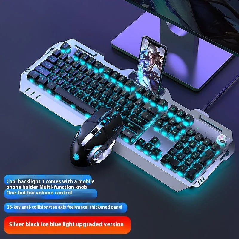 Aluminium alloy mechanical keyboard with backlit keys in gaming dimensions with optional mouse and headset