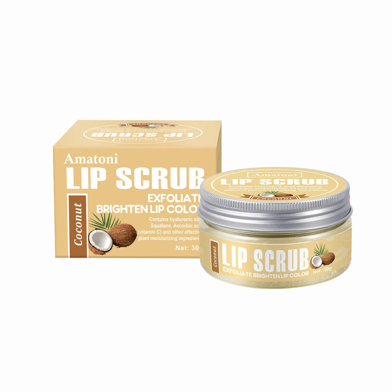 Amatoni fruit flavour lip scrub cream jar in choice of Coconut, Raspberry, Vanilla, or Watermelon, 30g.