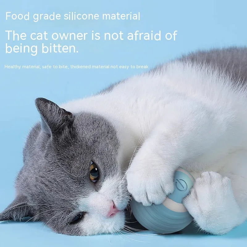 Blue rechargeable automatic bouncing ball smart toy for indoor cats on a floor.