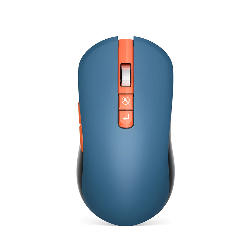 White wireless computer mouse with seven buttons on a desk, showing the USB receiver and voice transcription icon on screen.