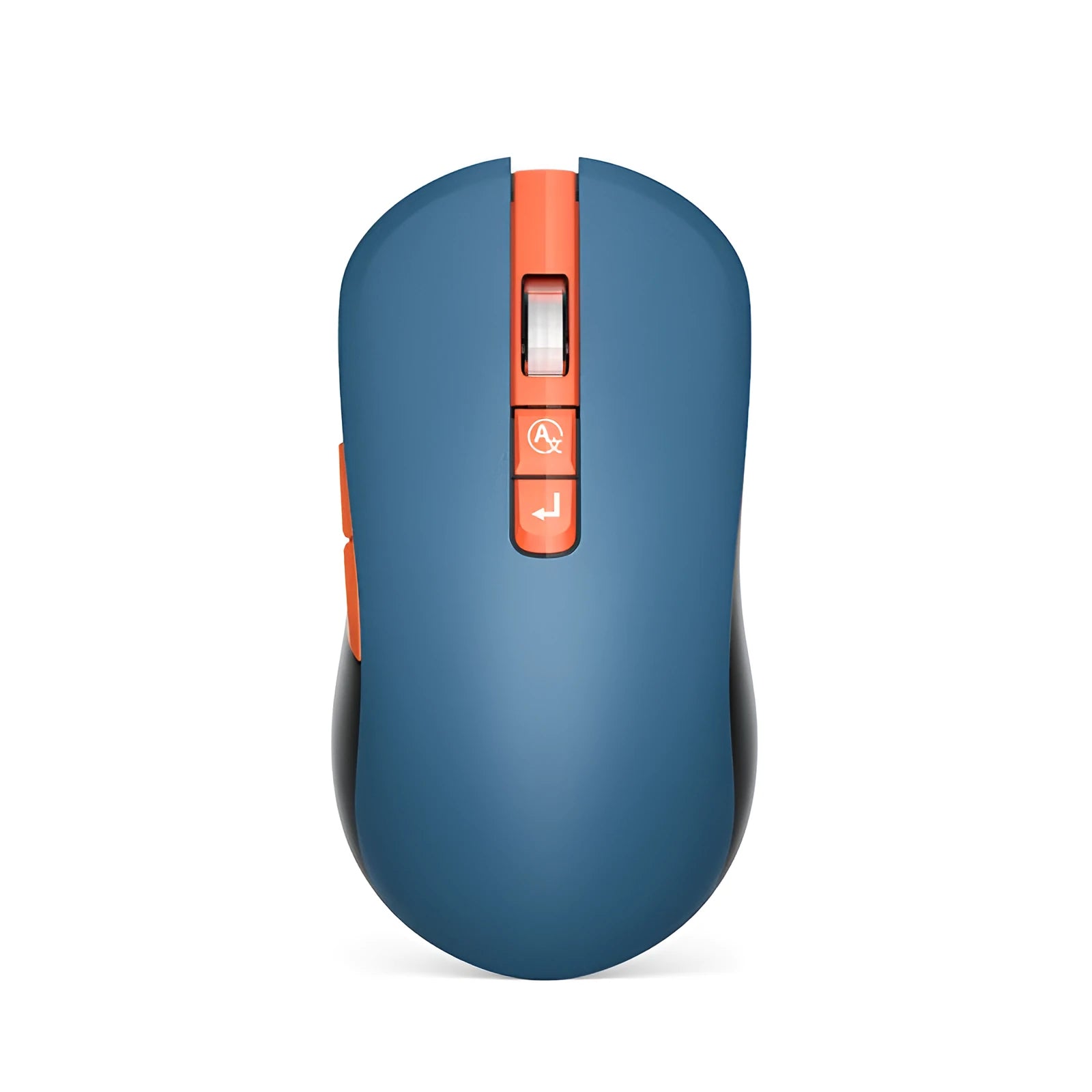 White wireless computer mouse with seven buttons on a desk, showing the USB receiver and voice transcription icon on screen.