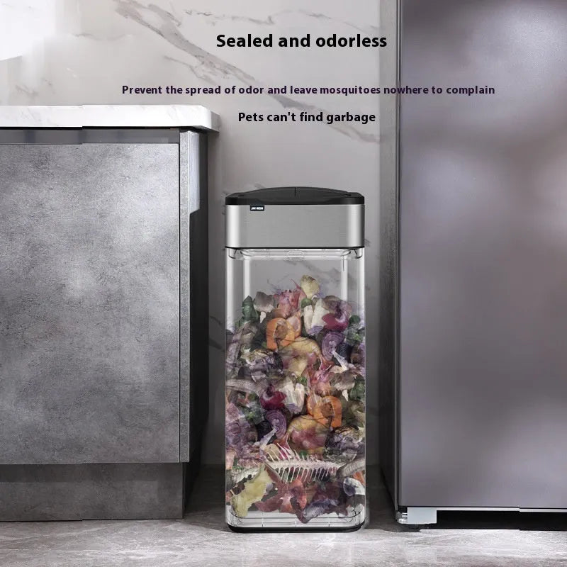 Stainless steel square inductive smart trash can with sensor lid and large capacity.