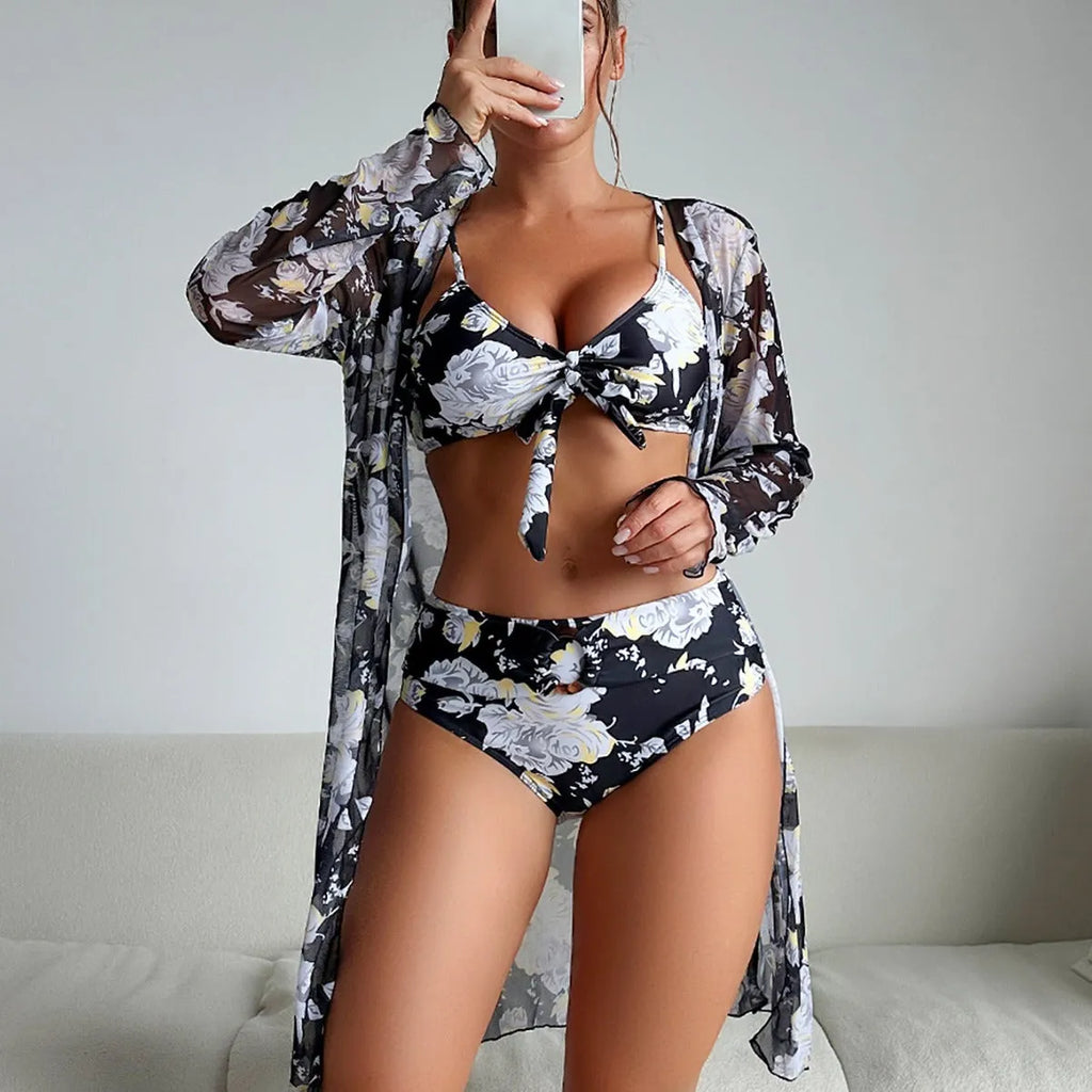 Three-piece printed polyester women's bikini swimsuit set in pattern 2, tight fit, high elasticity, sizes S to XL