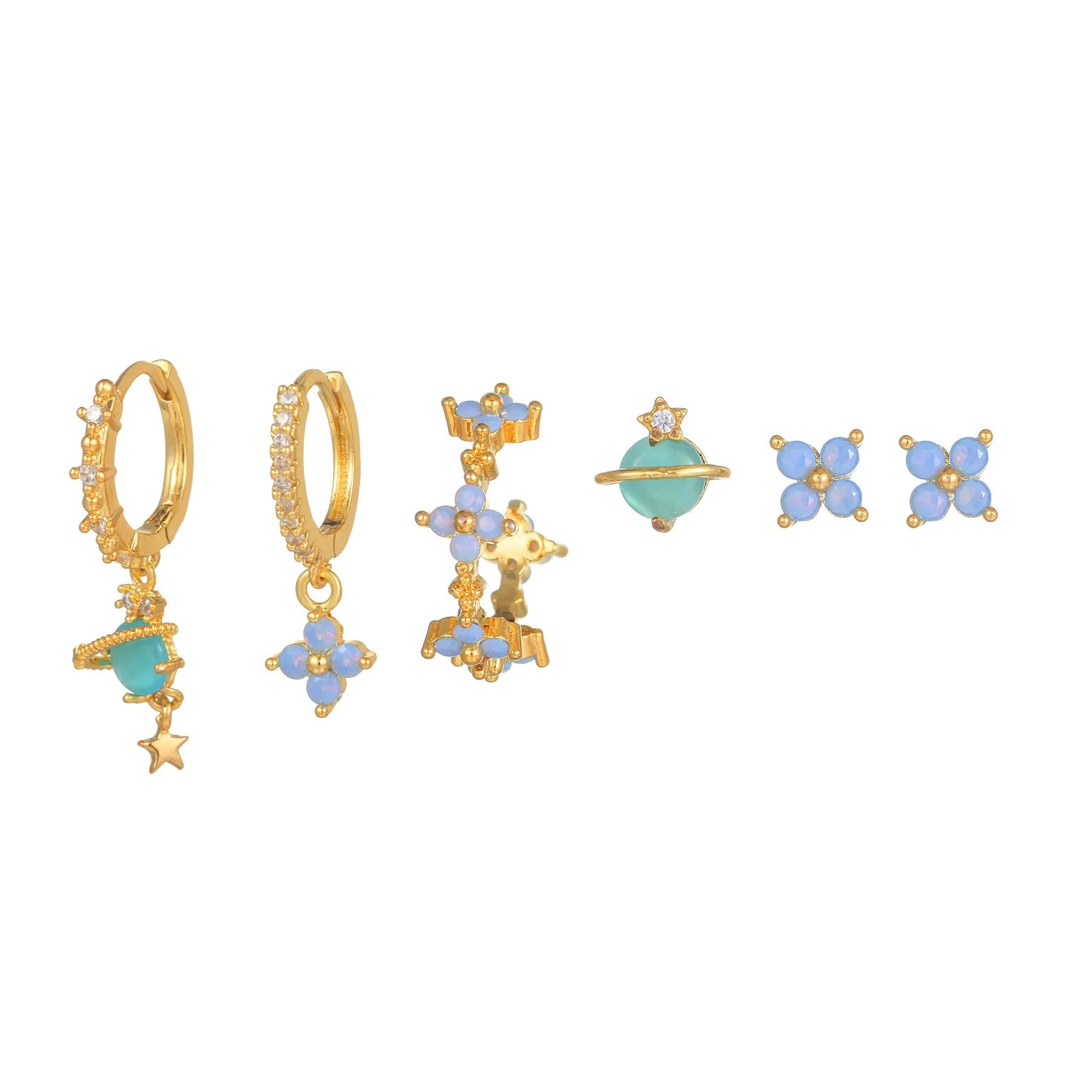 Gold and silver floral ear studs with blue zircon flower nail detail in Japanese Korean style