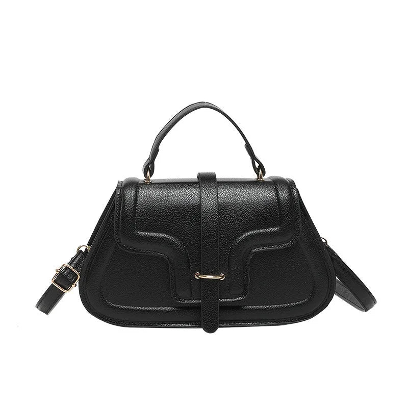 Fashion simple shoulder bag in black, horizontal square PU with sewing thread detail and single strap