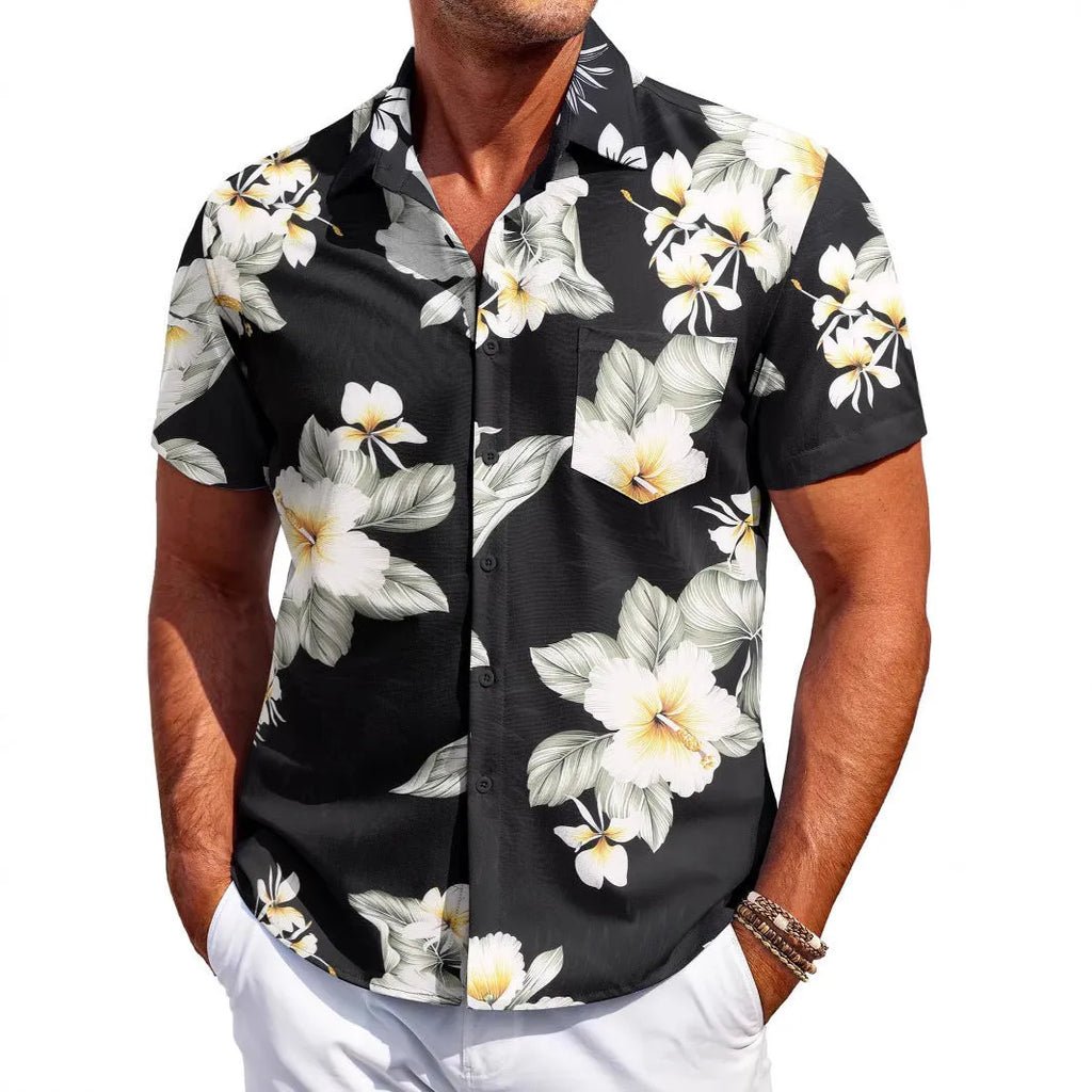 Men's slim fit Hawaiian short sleeve cardigan shirt in elastic polyester fabric on a model.