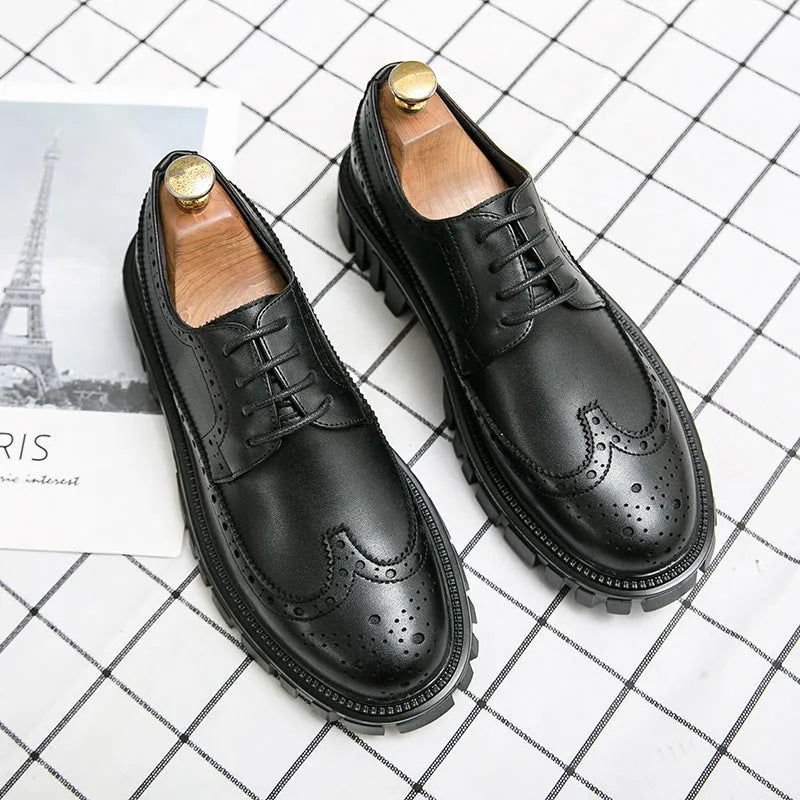 Men's black and brown business brogue shoes with round toe design and artificial leather construction
