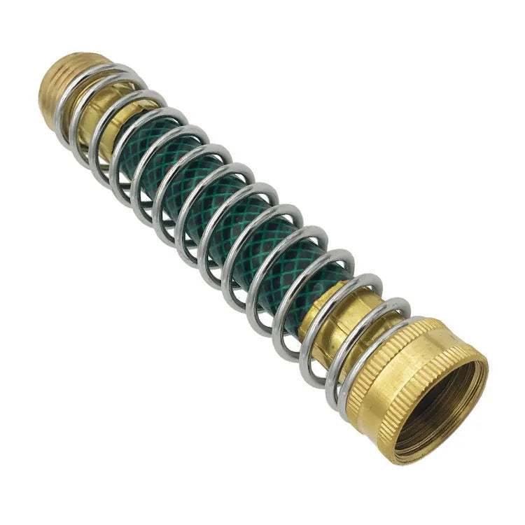 Brass garden hose connector with spiral spring measuring 15cm length