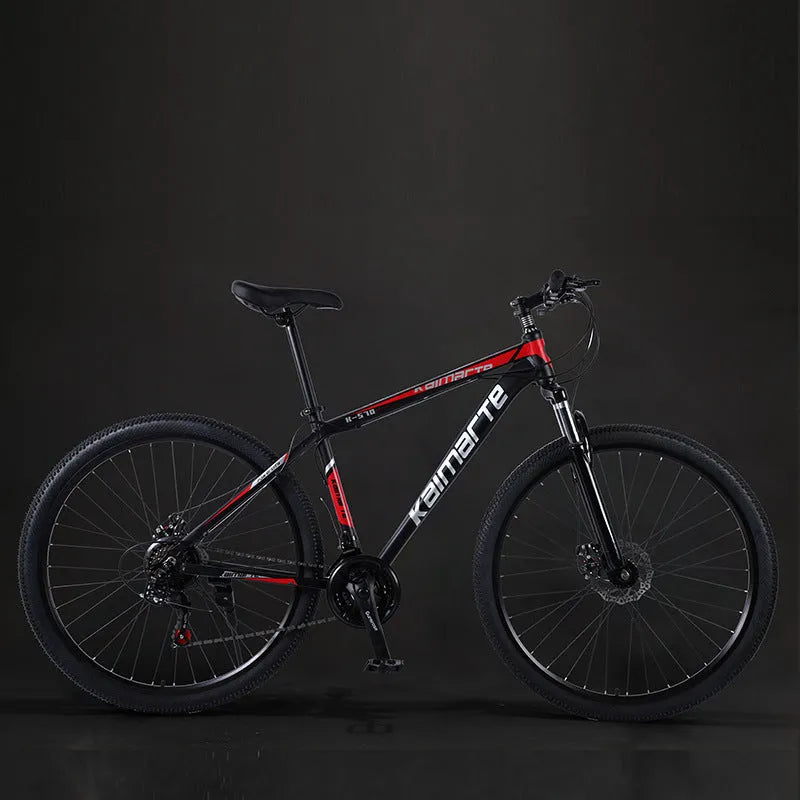 Aluminium alloy mountain bike with disc brakes and front suspension in black and blue colour