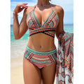 Women's blue cross bandage style high waist bikini swimsuit three-piece set on a mannequin.