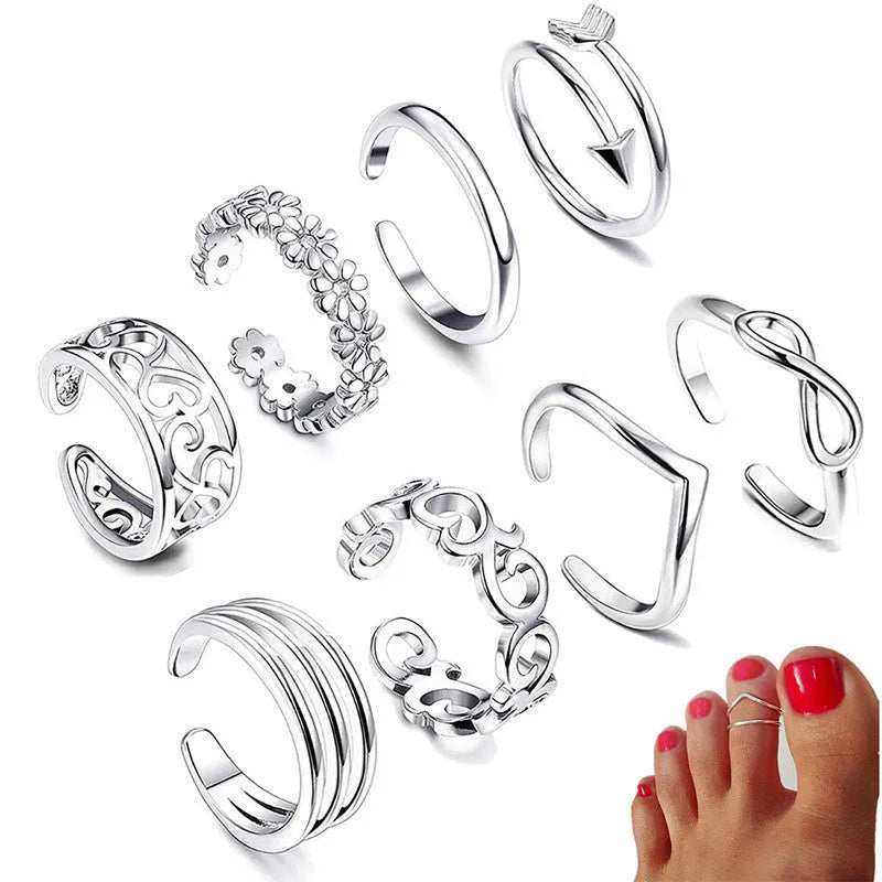 White cupronickel adjustable toe ring with simple rose charm for women, open-back design