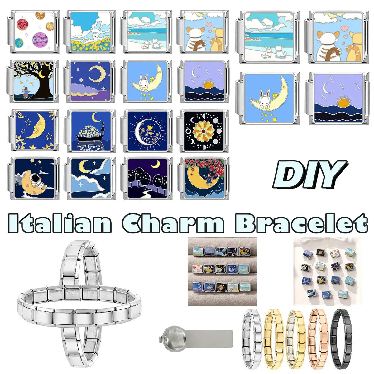 Square stainless steel bracelet module with night sky moon planet totem pattern in dripping oil finish, 1x0.9 cm