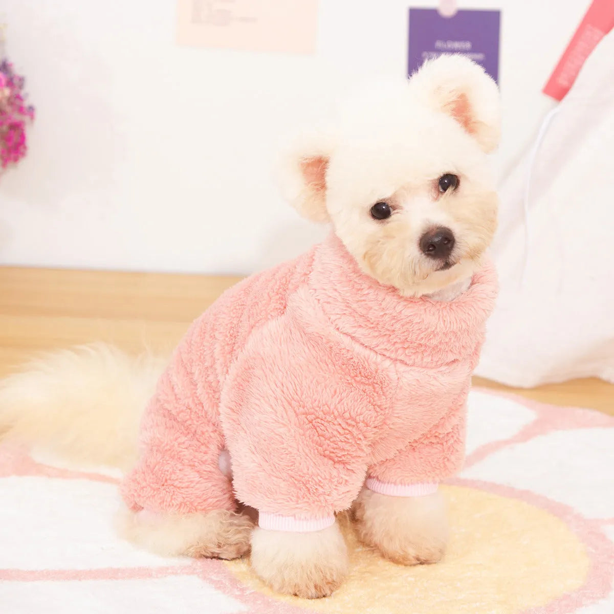Double-sided thick plush dog clothing with high collar and towing ring in blue, khaki, and pink colours