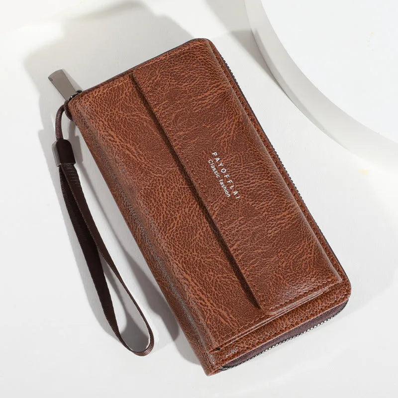 Men's black PU wallet with multiple card slots in casual long 19x10.5x4cm design