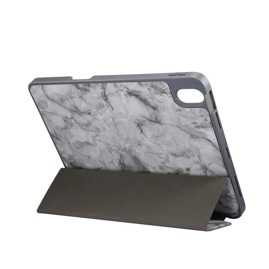 Tri-fold marbling design iPad case in dark grey with a visible pen slot on the side.