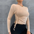 Khaki slim-fit round-neck long-sleeve glossy knit polyester top for women