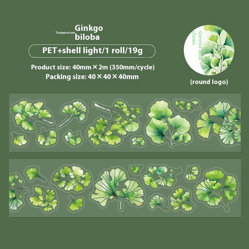 Roll of Deciduous Poetry Series decorative stickers showing six leaf designs including ginkgo and maple, 40mm wide.