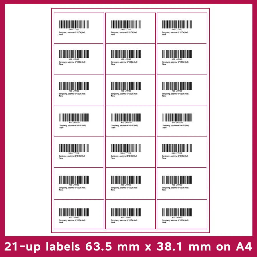 FBA label paper sheets showing ten different grid formats for barcode and serial number labelling