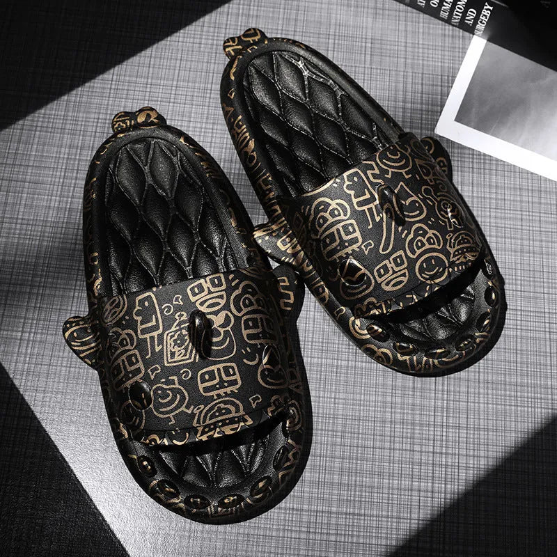 Shark-themed couple open toe slippers in beige EVA material on a white background.
