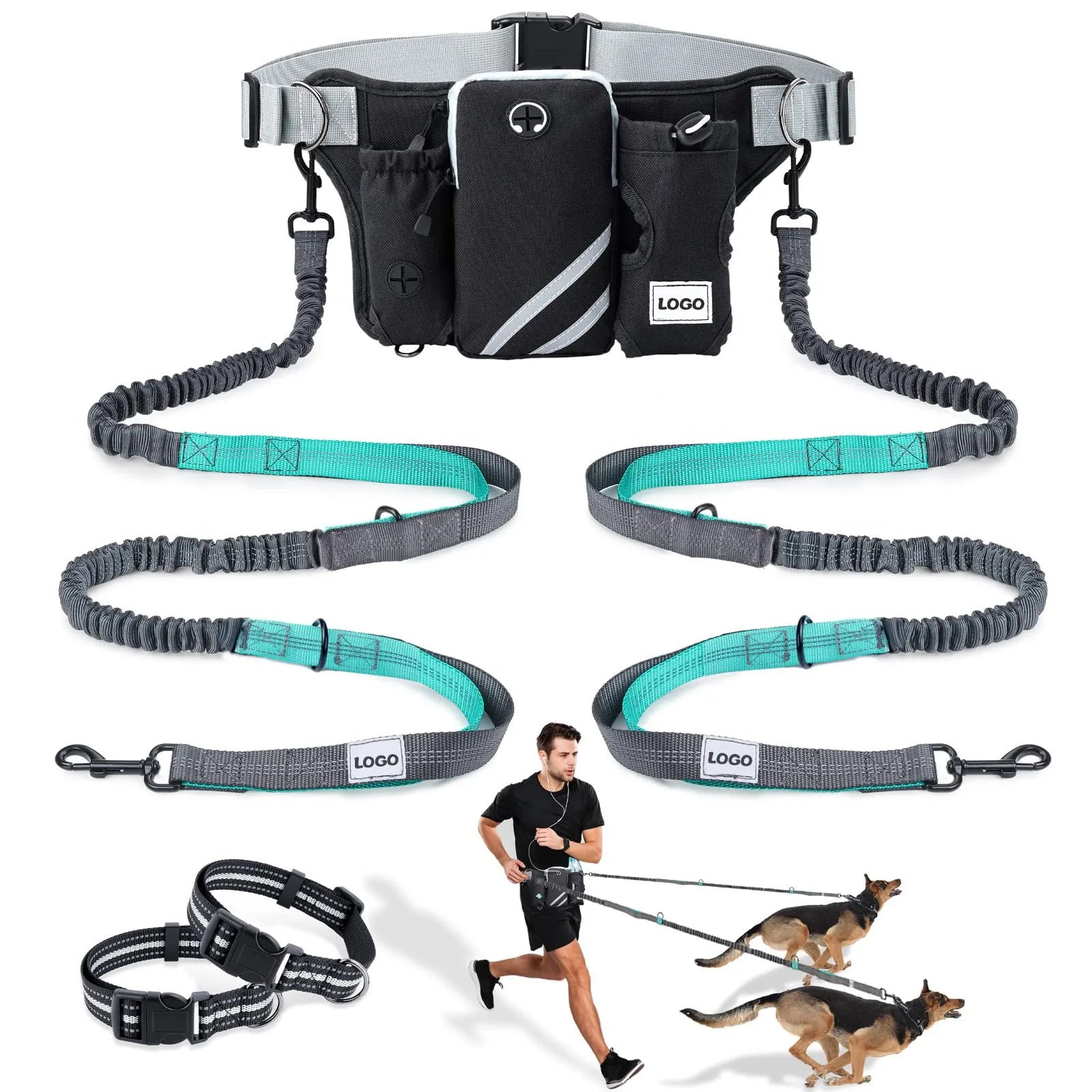 Black outdoor pet training waist bag with integrated dog leash and neck components for walking and training