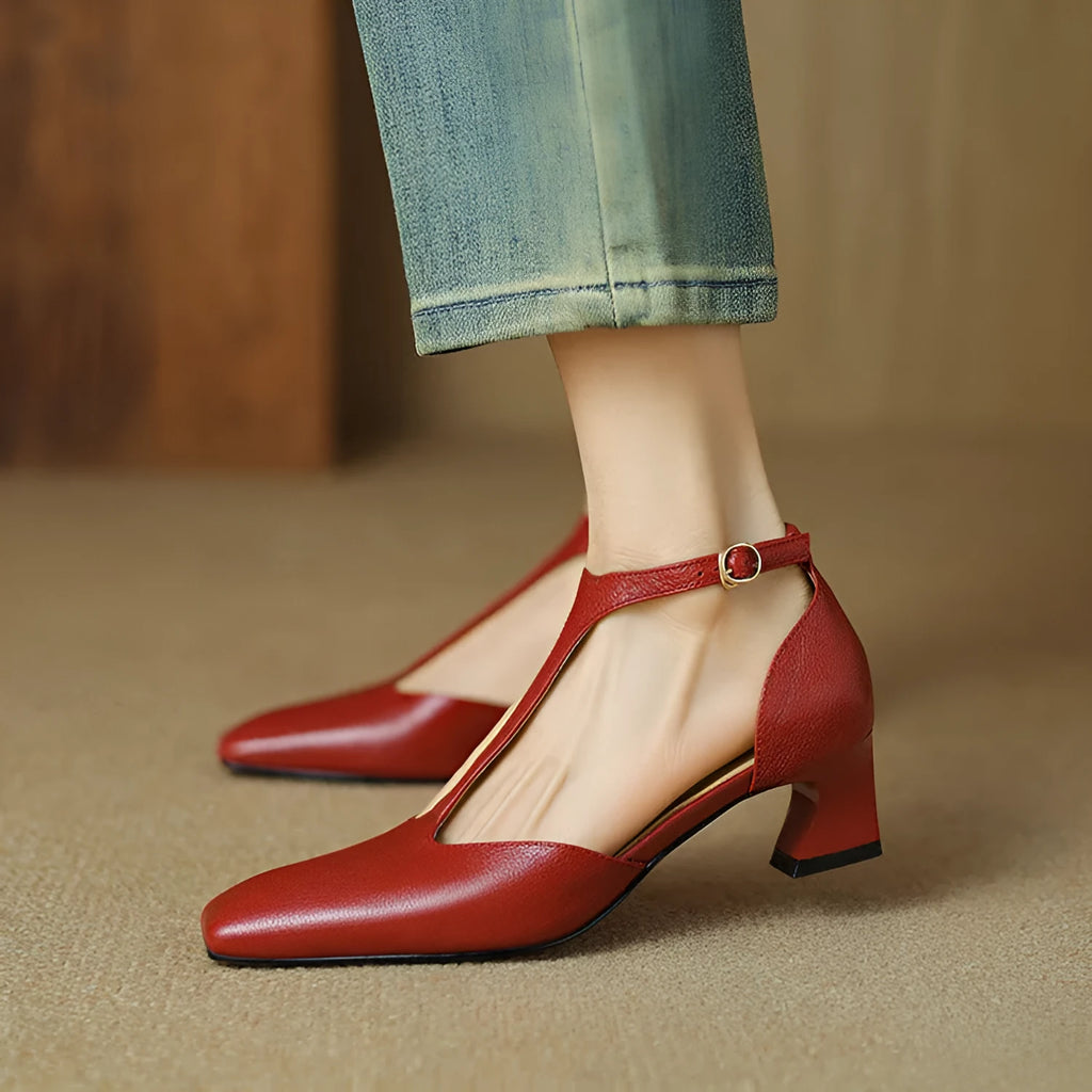 Women's wine red retro square toe chunky heel shoes with buckle fastening