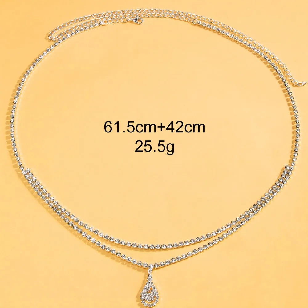 Gold and silver waist chain jewellery with a water drop pendant and adjustable lobster buckle clasp.