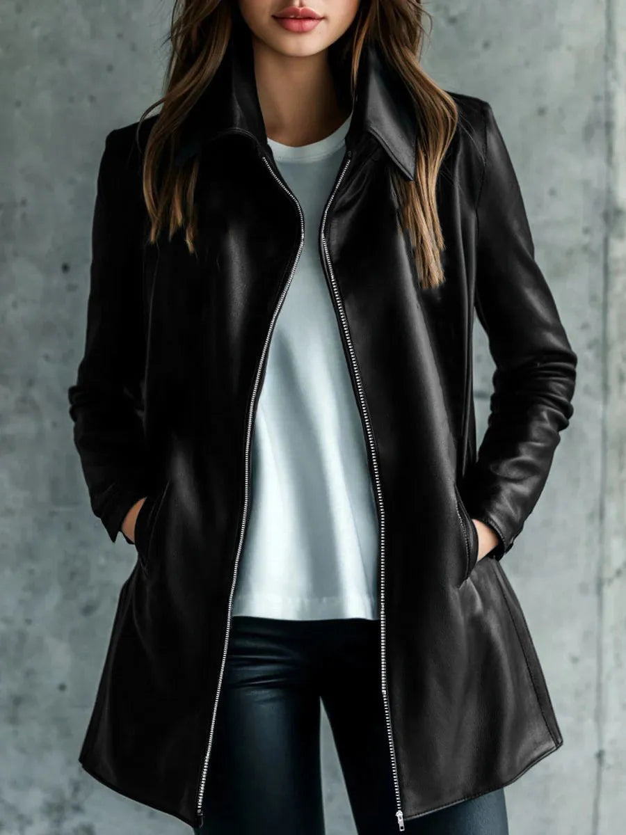 Women's black leather jacket with medium 65cm length and long sleeves