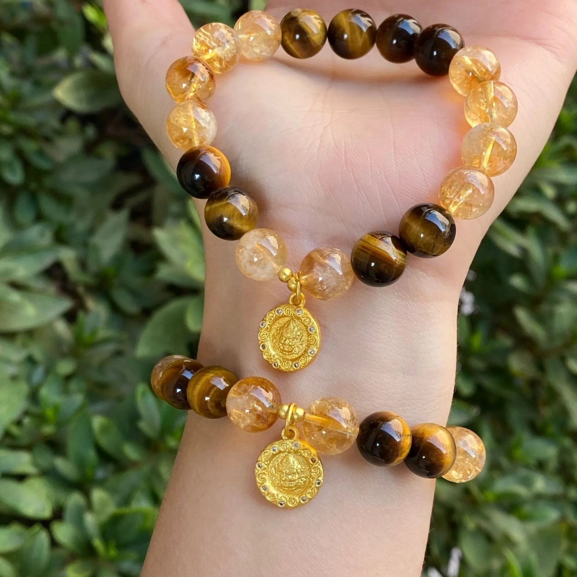 Handmade crystal bracelet with diamond gourd, topaz stones, and electroplated finish showing 8mm and 10mm components