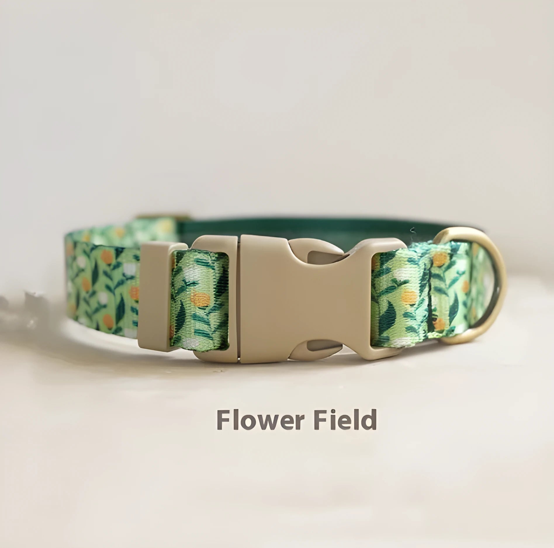 Nylon ribbon pet collar with floral pattern in Hanada blue colour, showing adjustable sizing and flower decoration