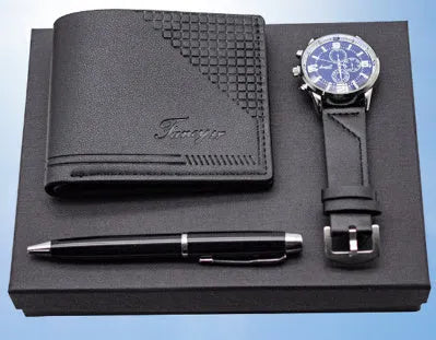 Creative holiday gift set showing a brown wallet, pen, and watch presented in an elegant paper gift box.