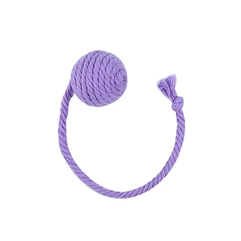 Colourful cat toy ball with an attached rope, shown in green, pink, purple, and yellow.