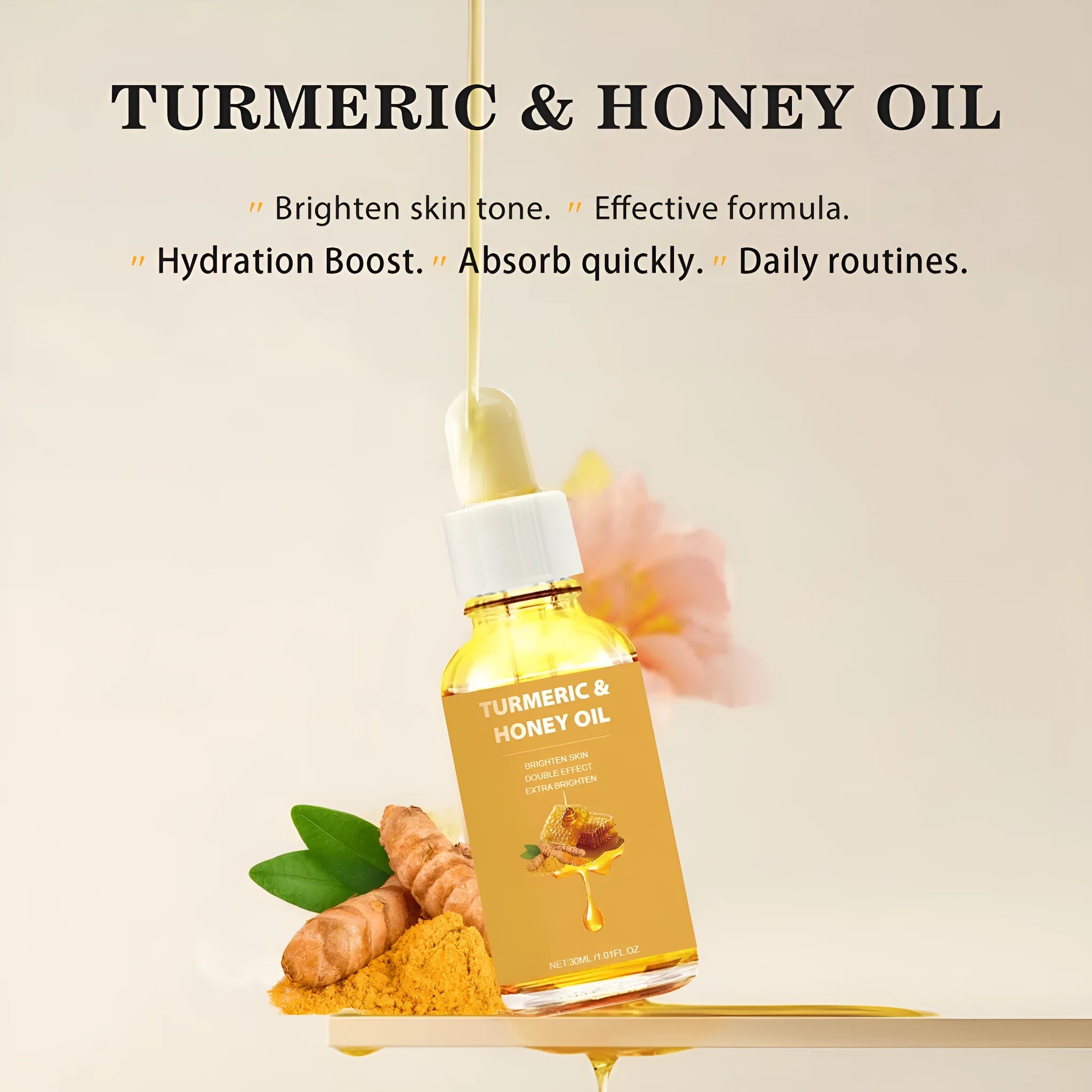 30ml bottle of turmeric honey essential oil with neutral packaging and FP-A028 specification code
