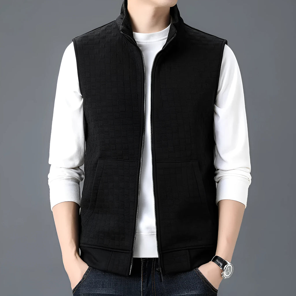 A man's casual sleeveless waistcoat-style vest in a chemical fibre blend, shown on a hanger.