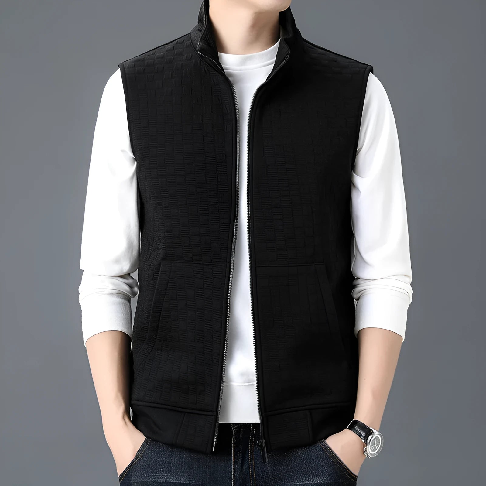 A man's casual sleeveless waistcoat-style vest in a chemical fibre blend, shown on a hanger.