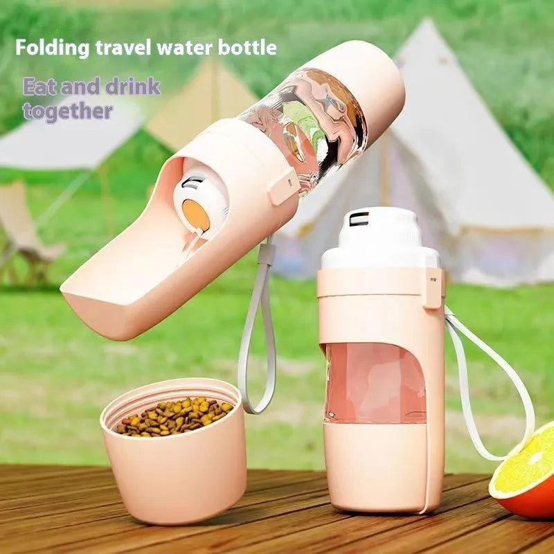Green 2-in-1 travel dog water bottle with lanyard showing food and water compartments