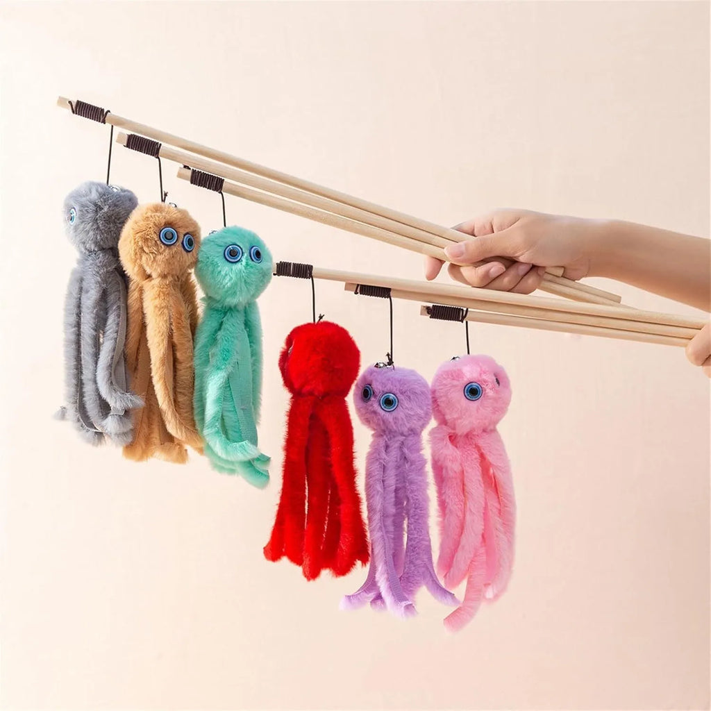 Octopus-themed cat toy with long stick handle in grey, pink, purple, or red colour options
