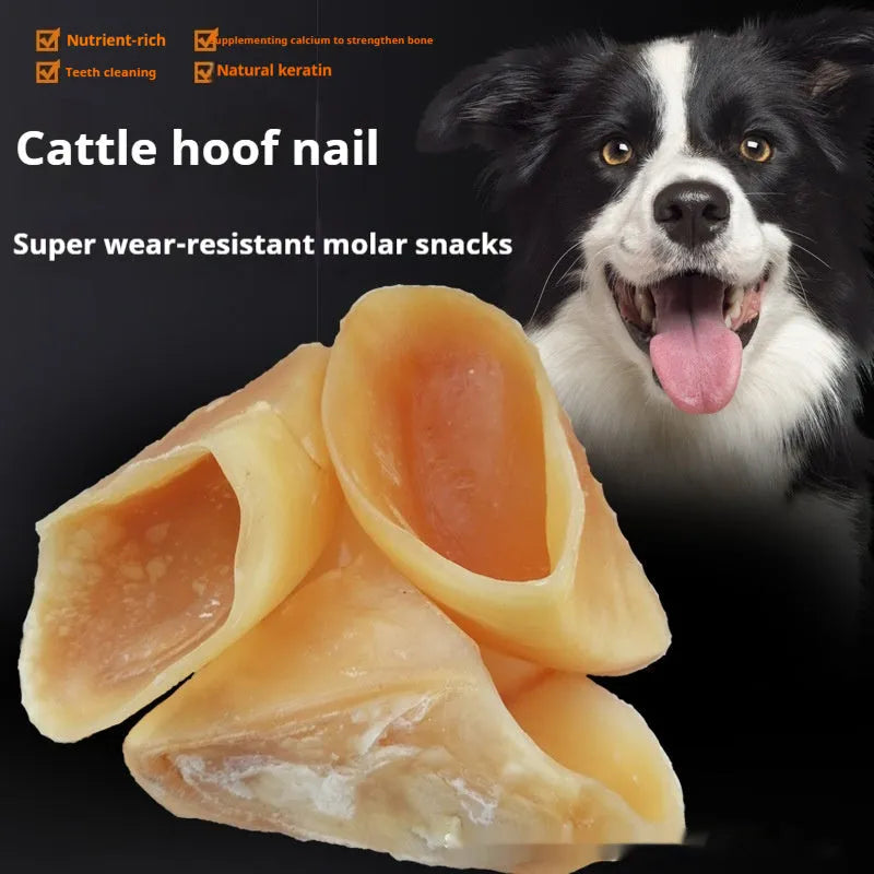Natural cowhide dog chew snack in hoof shell colour for small and large breed sizes.