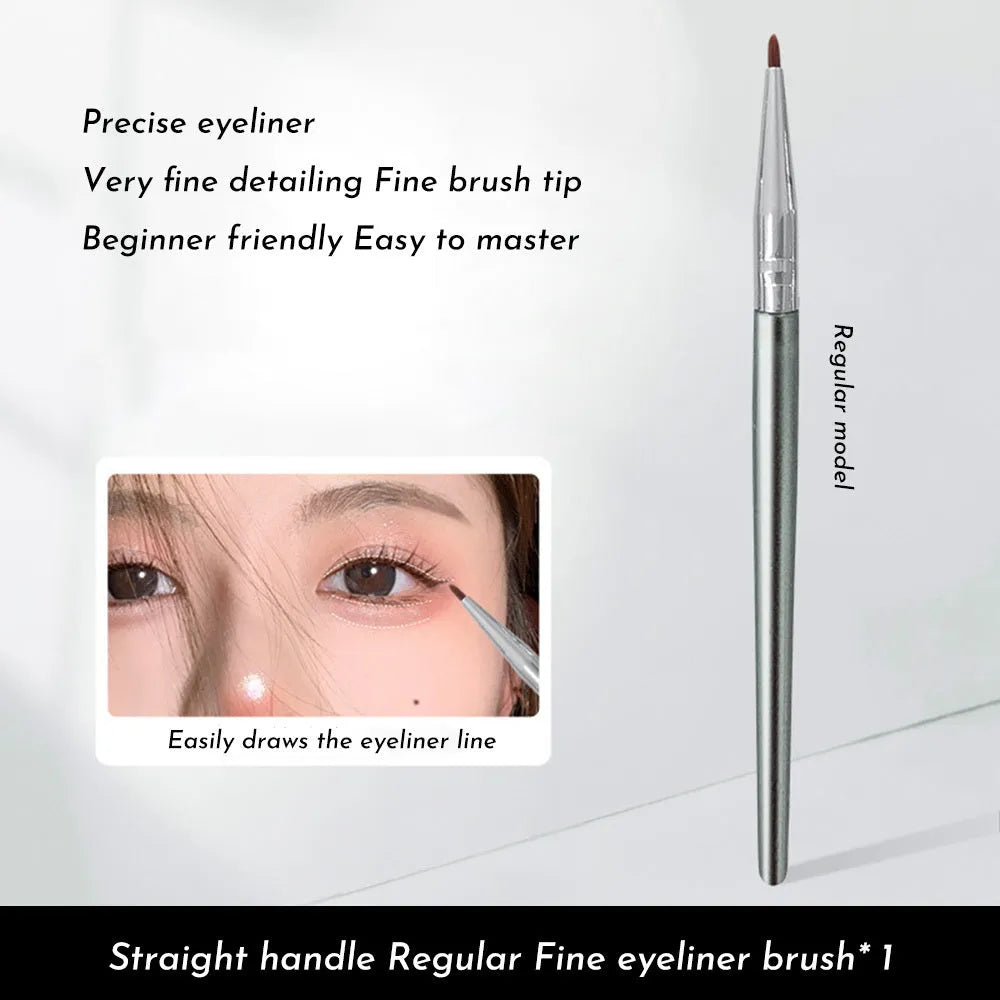 Angled bend head makeup brush with fine tip for eyeliner and under-eye concealer application on a wooden table.