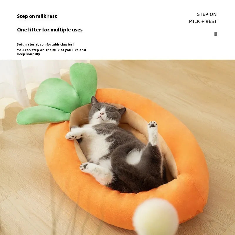 Carrot-patterned double-sided dog mattress with a removable zip-off cloth cover.