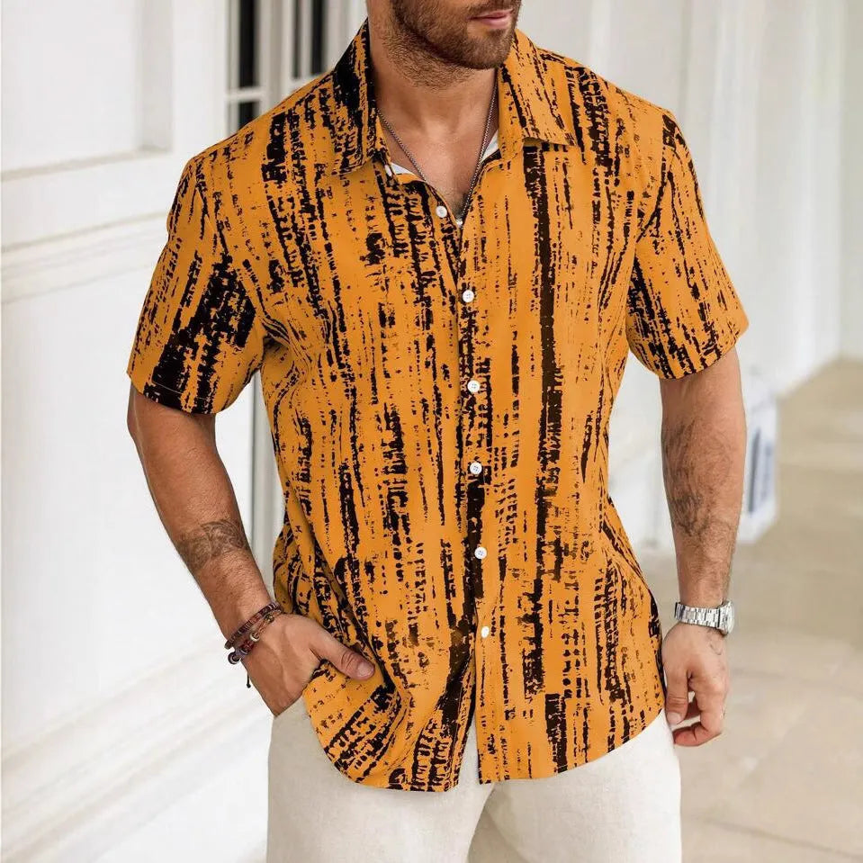 Man wearing a blue striped short sleeve casual polyester shirt.