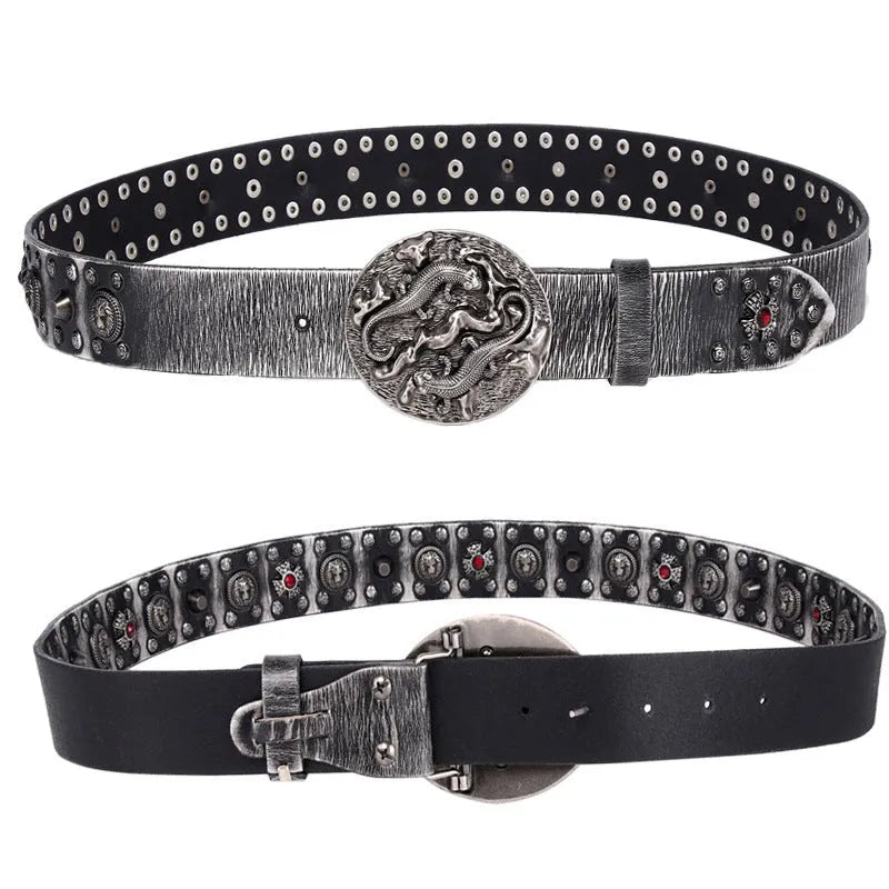 Men's black genuine leather belt with punk rivet detailing and a silver alloy smooth buckle.