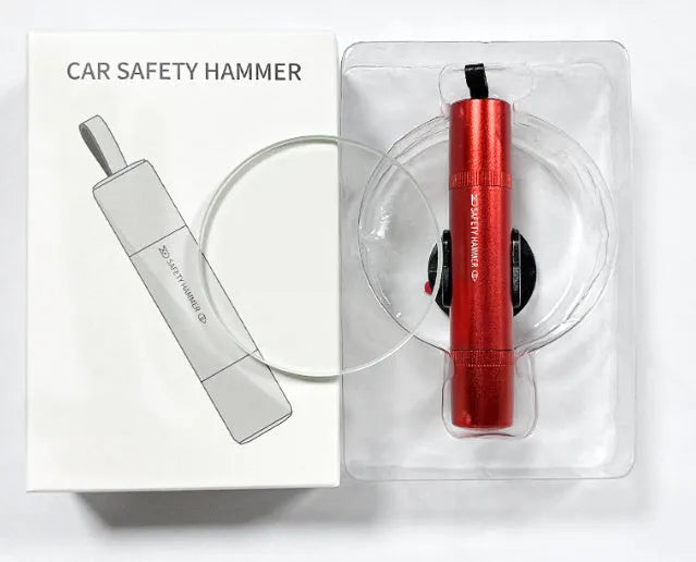 Four-in-one car safety hammer with window breaker, seatbelt cutter, LED torch, and magnetic aluminium alloy base