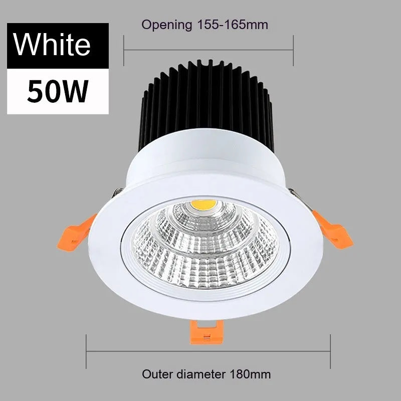 LED embedded ceiling spotlight with aluminium housing showing three colour temperature options and hole size measurements
