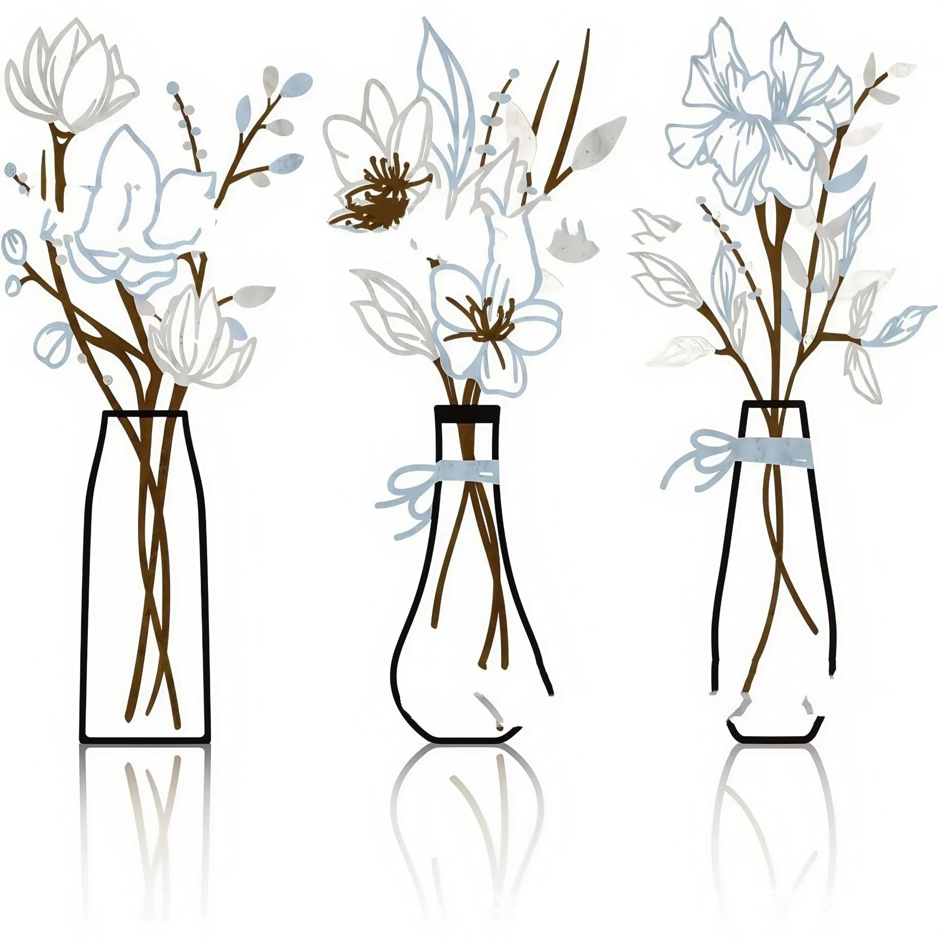 Three-piece metal flowers wall art set with colour vase designs for farmhouse country decor