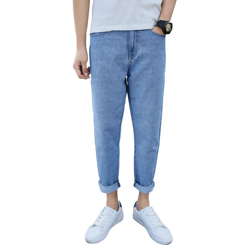 Men's loose straight leg harem jeans in black and blue colours with cotton fabric